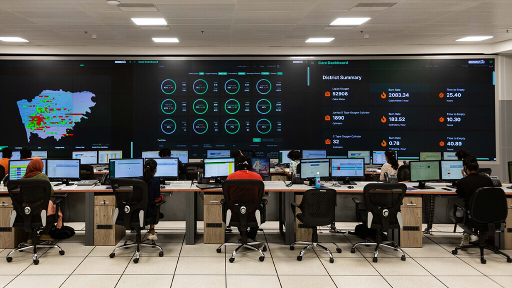 Image of a digital war room for disaster management. People are working on laptops in front of a large LED wall that displays a dashboard of COVID-19 statistics.